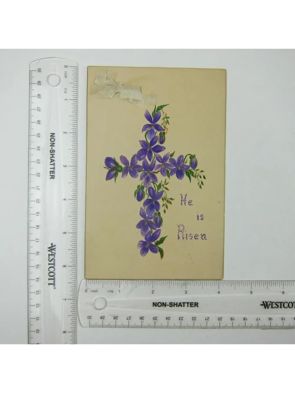 Victorian Greeting Card Easter Purple Flowers Christian Cross Ribbon Gold Edge